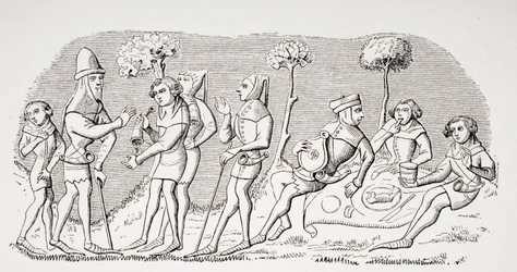 Hunting meal, reproduction of a miniature in the 14th century manuscript 